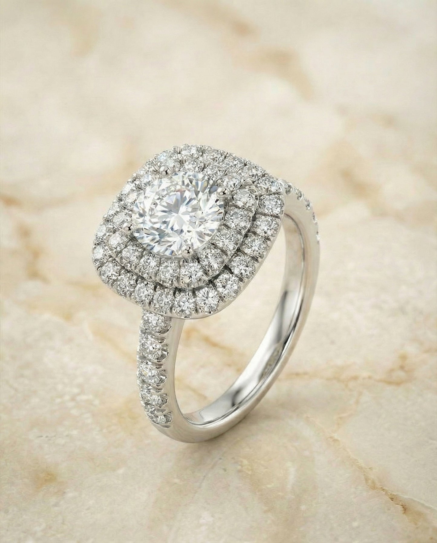 Round Brilliant, Double Halo French Pavé, in Platinum, pave setting – angled view | RockHer