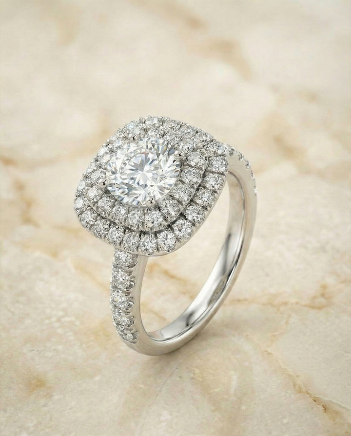 Round Brilliant, Double Halo French Pavé, in Platinum, pave setting – angled view | RockHer