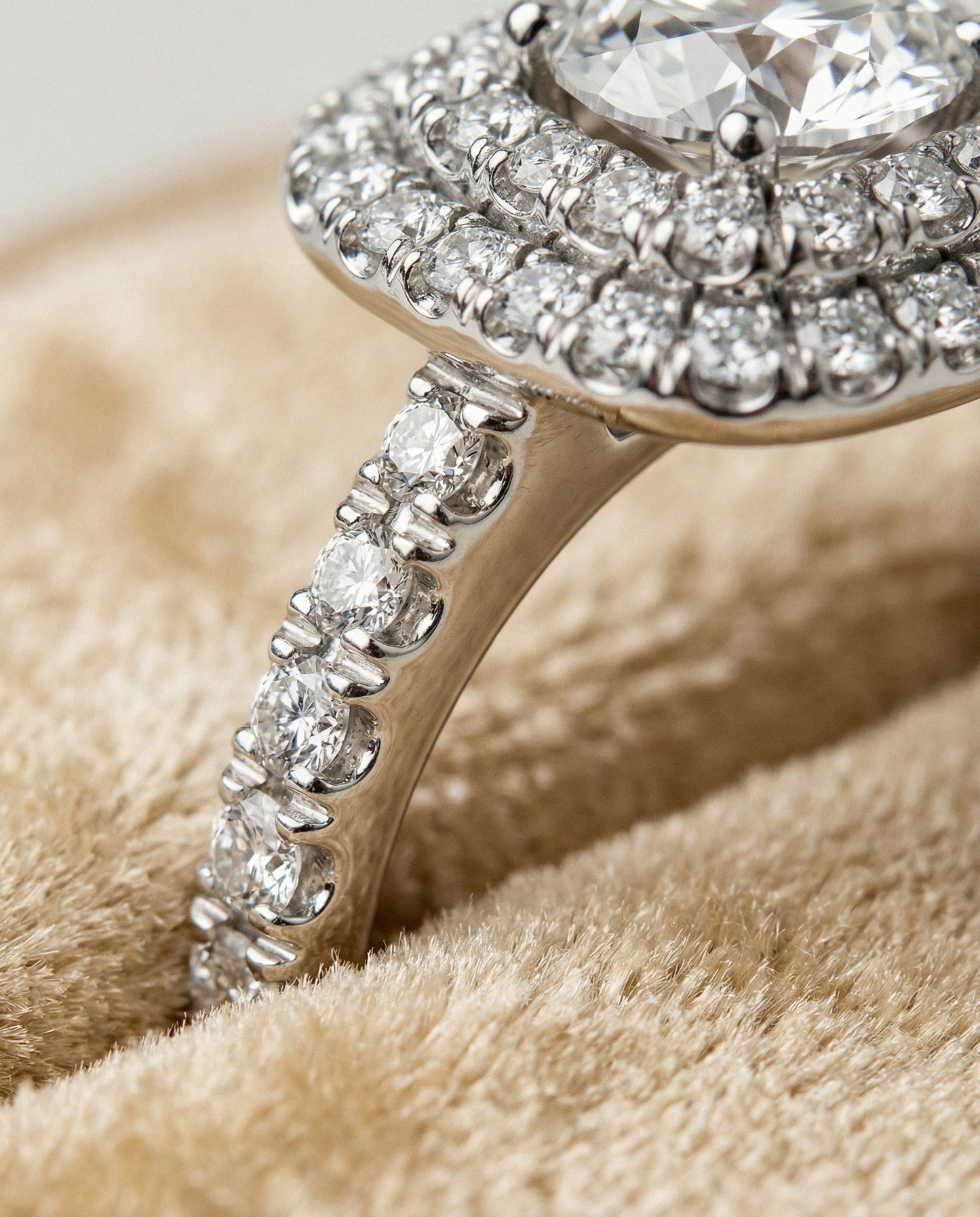 Round Brilliant, Double Halo French Pavé, in Platinum, pave setting – detail view | RockHer