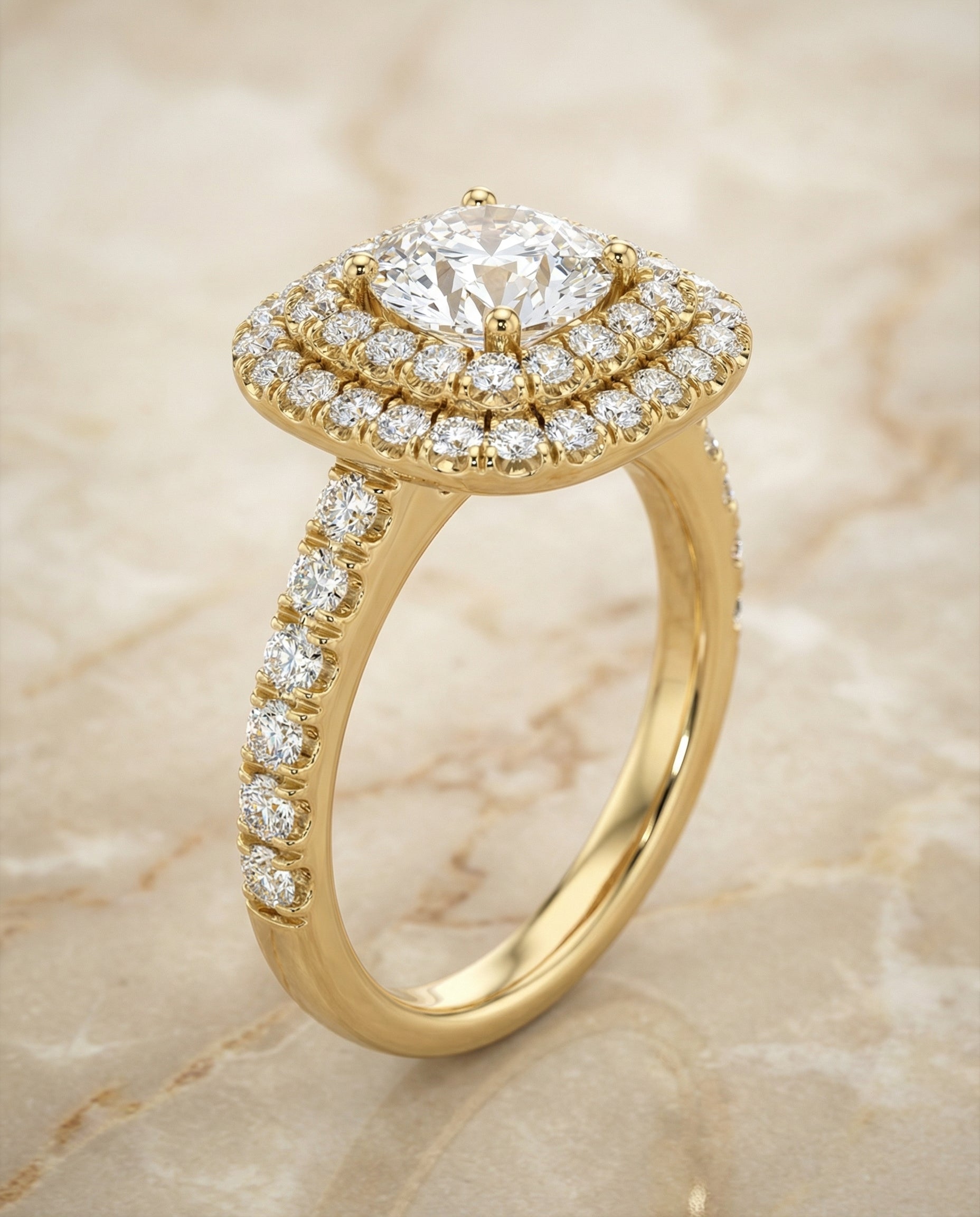 Round Brilliant, Double Halo French Pavé, in 18K Yellow Gold, pave setting – angled view | RockHer