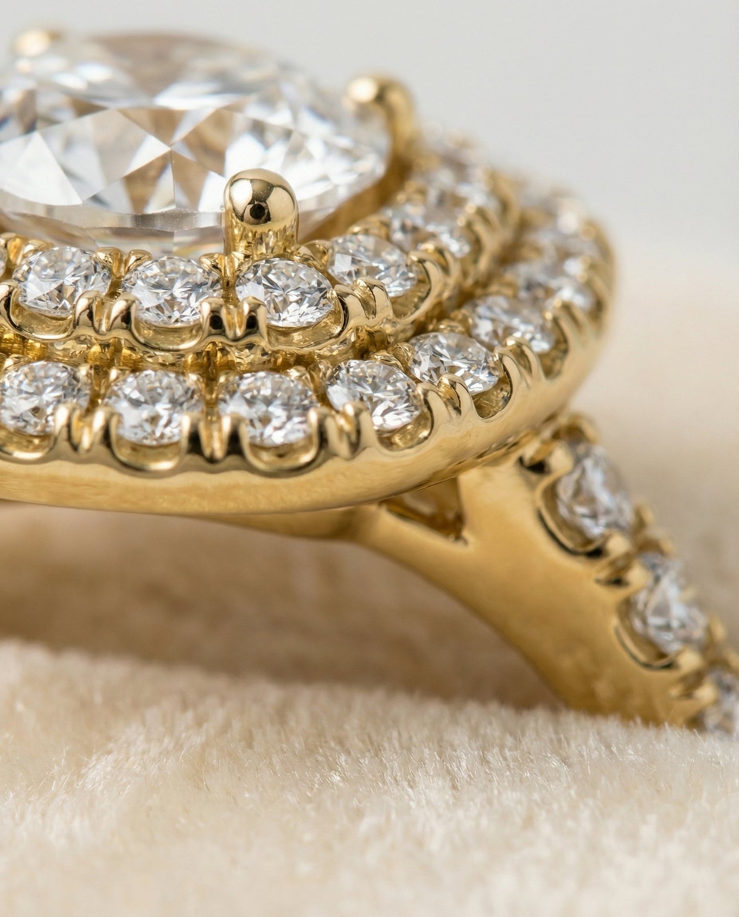 Round Brilliant, Double Halo French Pavé, in 18K Yellow Gold, pave setting – detail view | RockHer