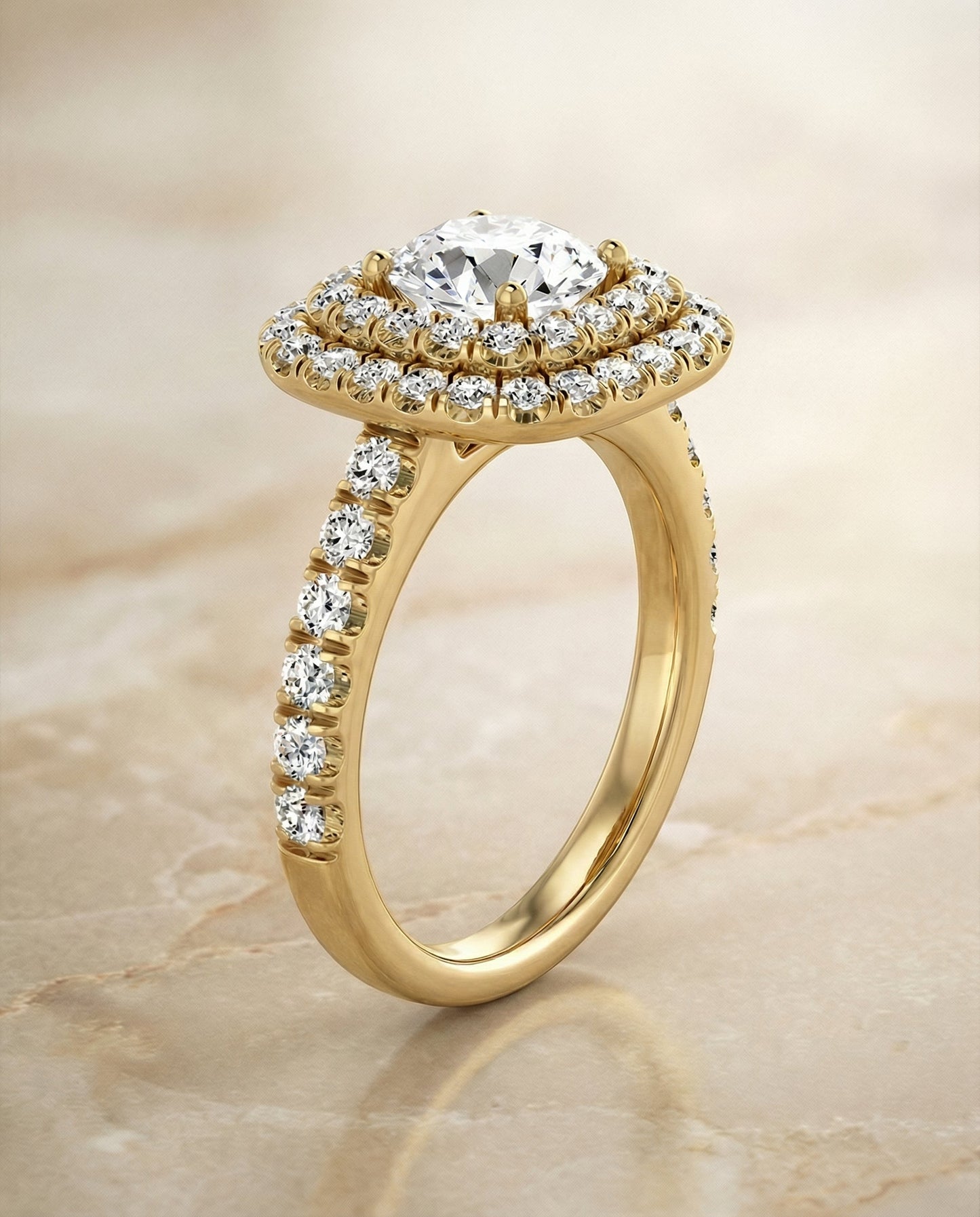 Round Brilliant, Double Halo French Pavé, in 18K Yellow Gold, pave setting – front view | RockHer