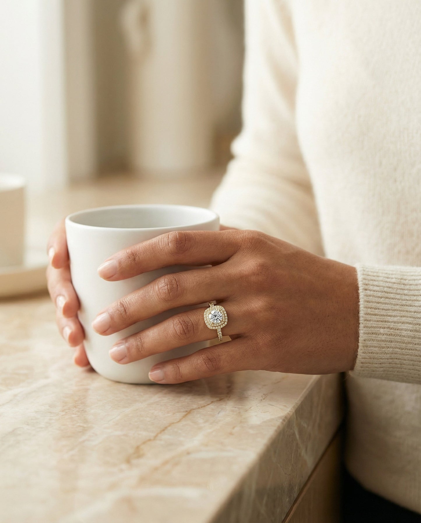 Round Brilliant, Double Halo French Pavé, in 18K Yellow Gold, pave setting – lifestyle shot | RockHer