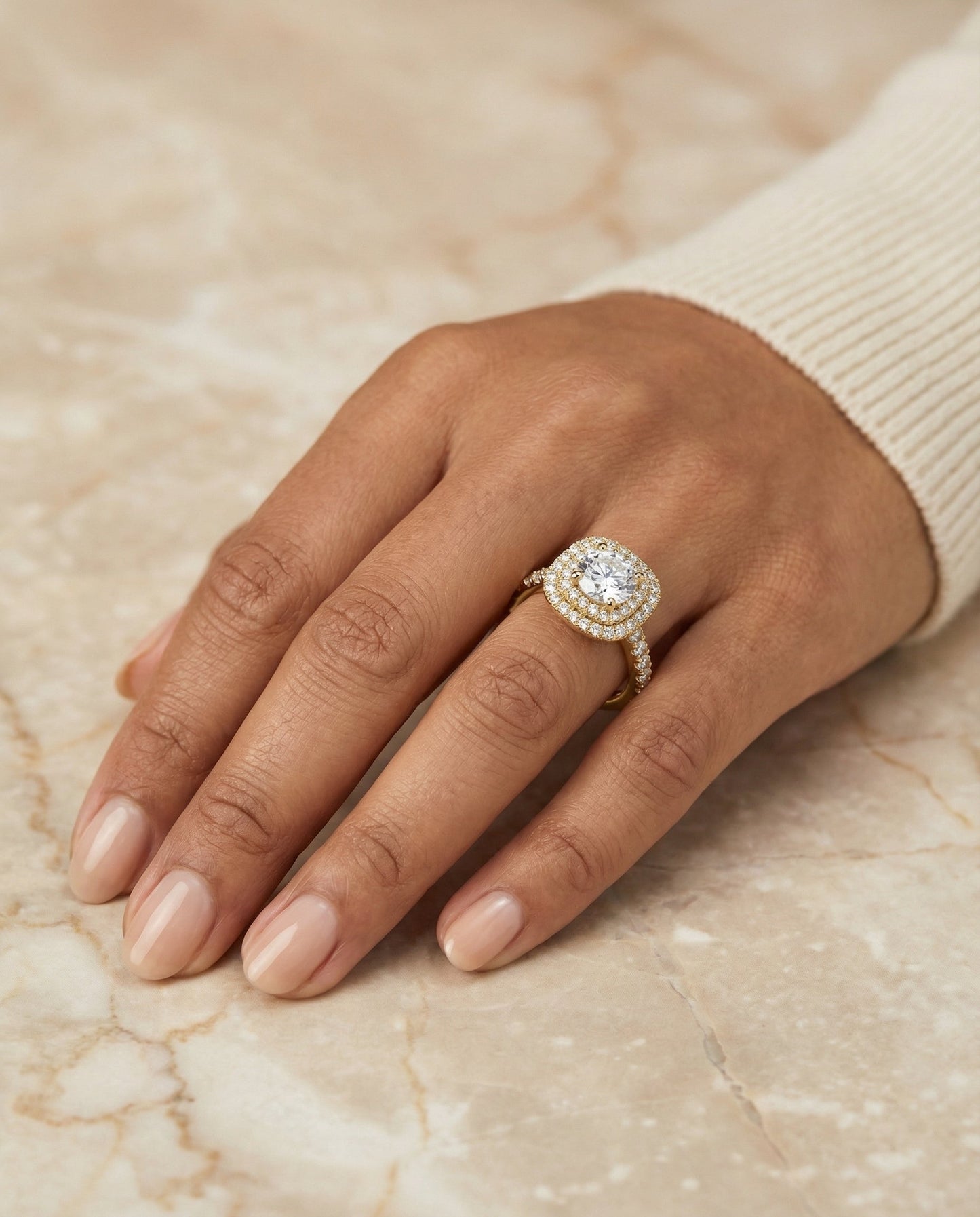 Round Brilliant, Double Halo French Pavé, in 18K Yellow Gold, pave setting – lifestyle shot | RockHer