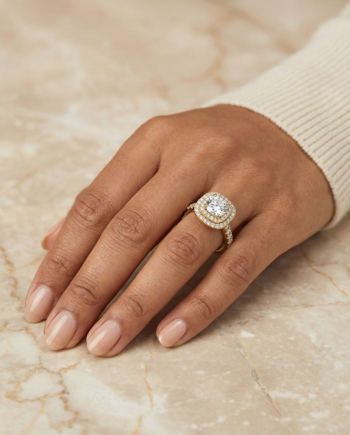 Round Brilliant, Double Halo French Pavé, in 18K Yellow Gold, pave setting – lifestyle shot | RockHer