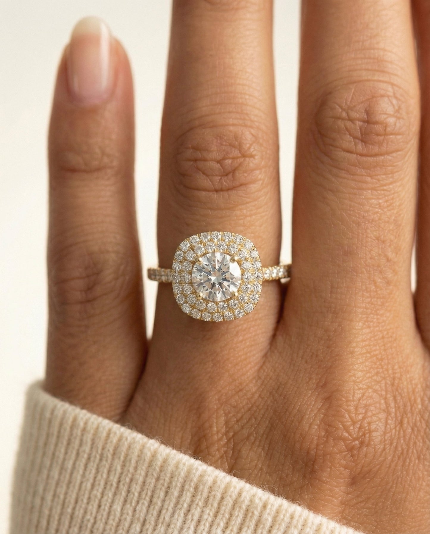 Round Brilliant, Double Halo French Pavé, in 18K Yellow Gold, pave setting – lifestyle shot | RockHer