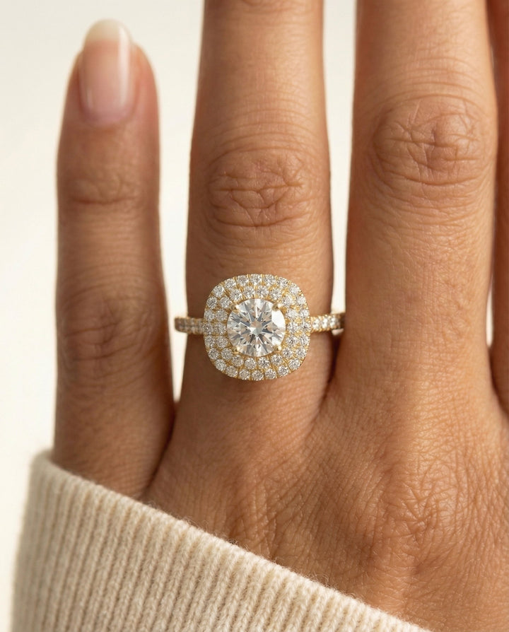 Round Brilliant, Double Halo French Pavé, in 18K Yellow Gold, pave setting – lifestyle shot | RockHer