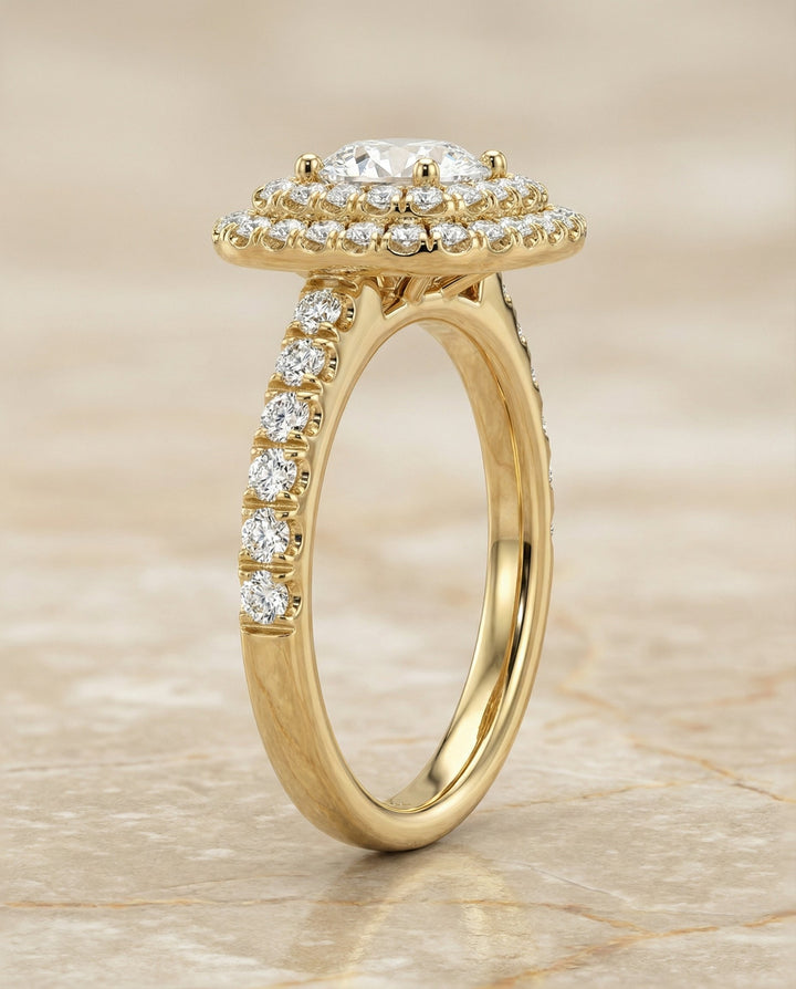 Round Brilliant, Double Halo French Pavé, in 18K Yellow Gold, pave setting – side profile | RockHer