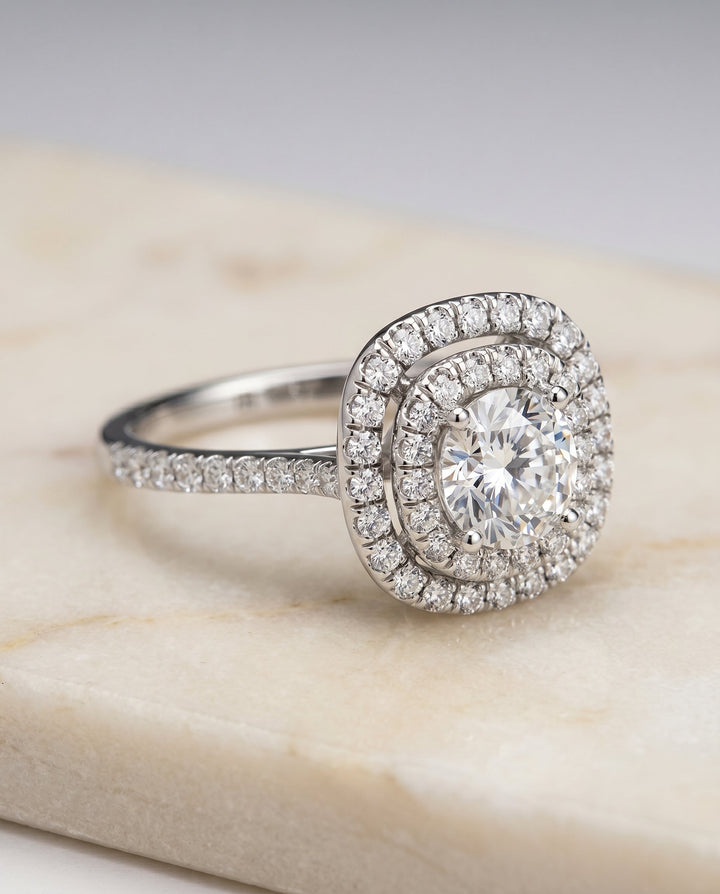 Cadence Select Double Halo Scalloped Pave Cushion in Platinum – view 2