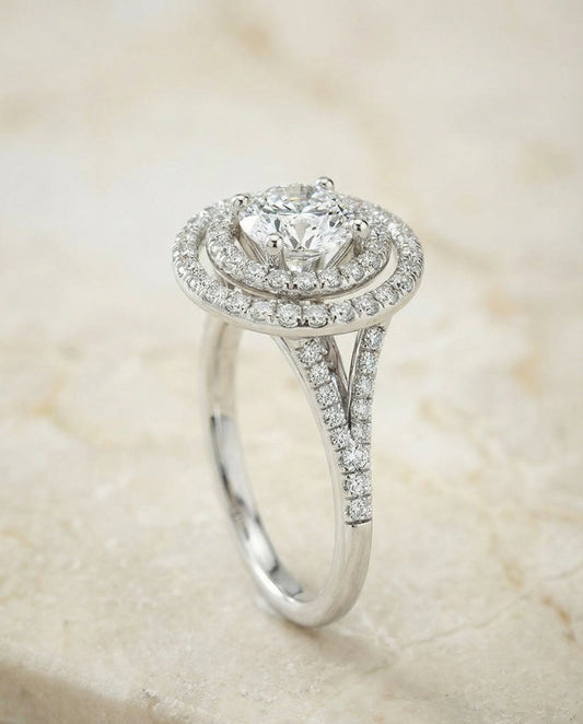 Round Brilliant, Double Halo Split Shank Pavé, in Platinum, pave setting – angled view | RockHer