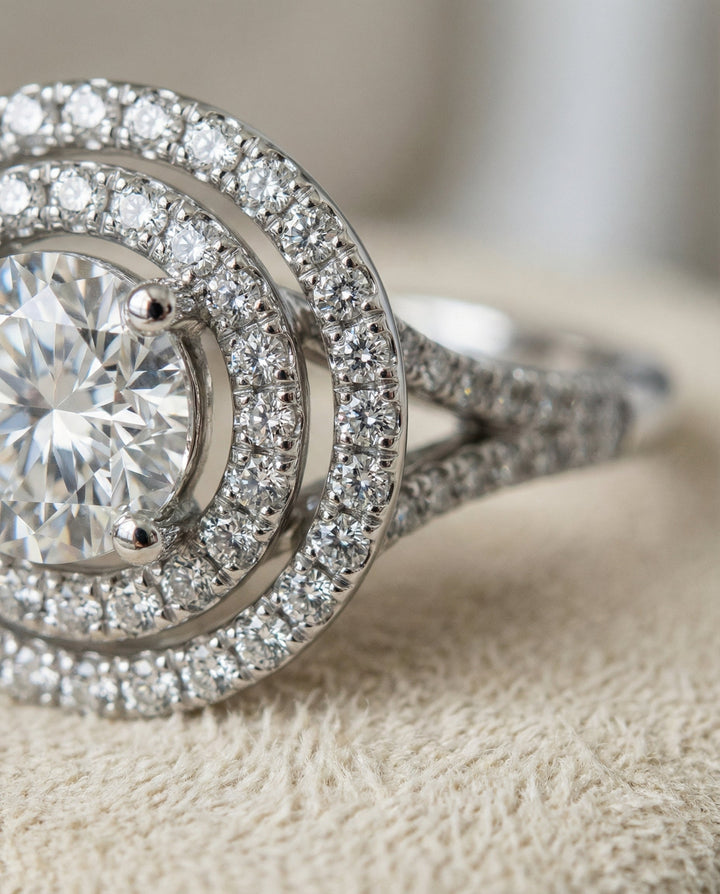 Round Brilliant, Double Halo Split Shank Pavé, in Platinum, pave setting – detail view | RockHer