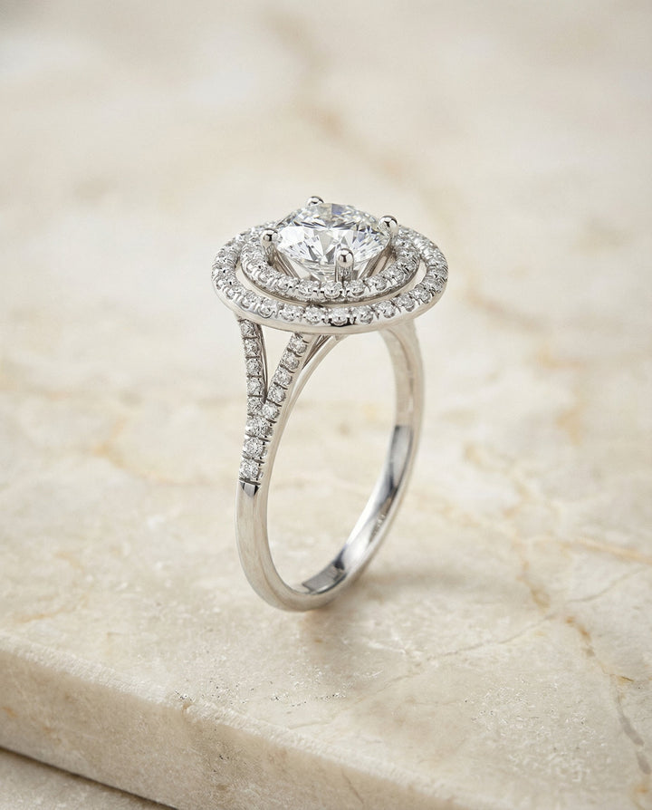 Round Brilliant, Double Halo Split Shank Pavé, in Platinum, pave setting – front view | RockHer