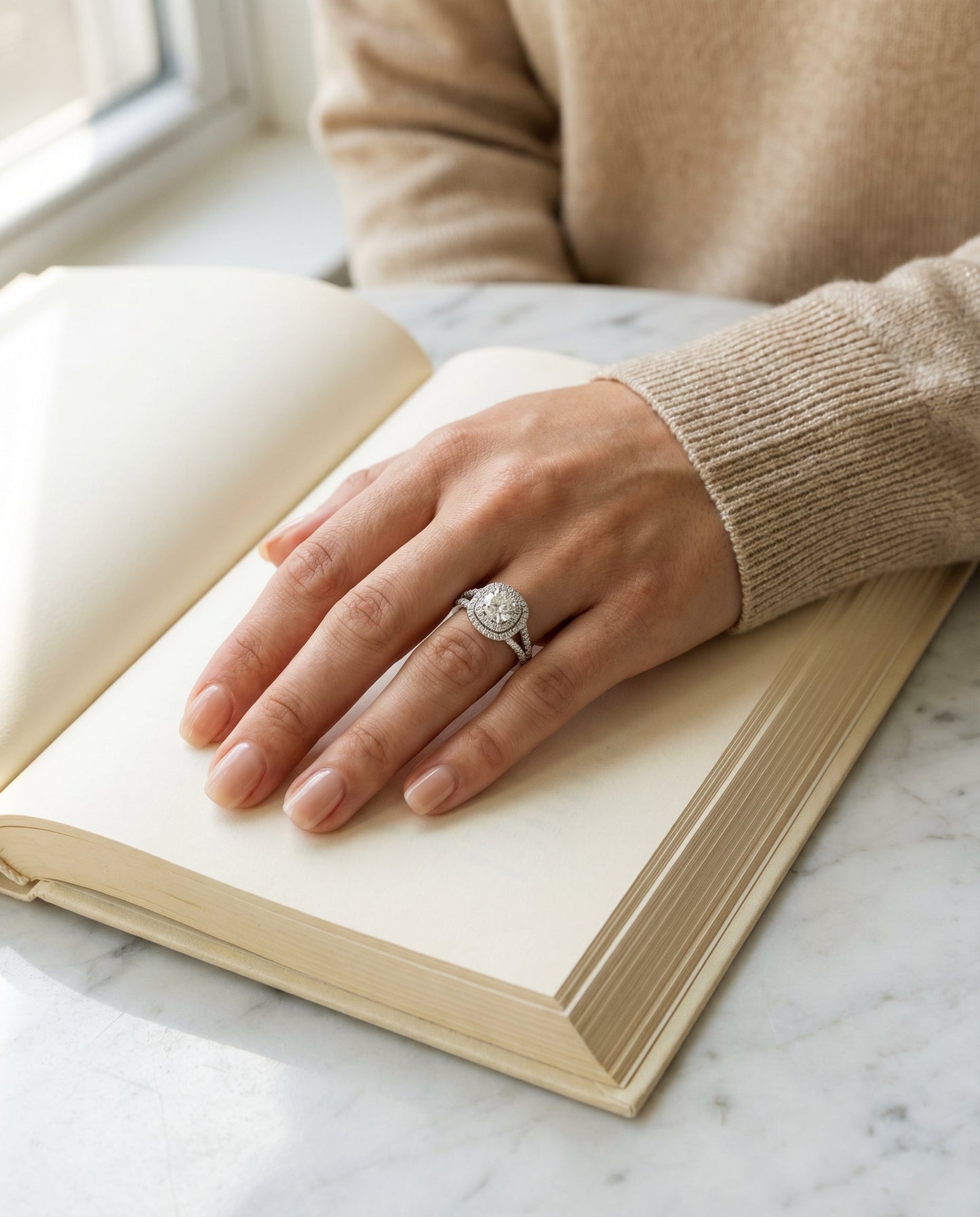 Round Brilliant, Double Halo Split Shank Pavé, in Platinum, pave setting – lifestyle shot | RockHer