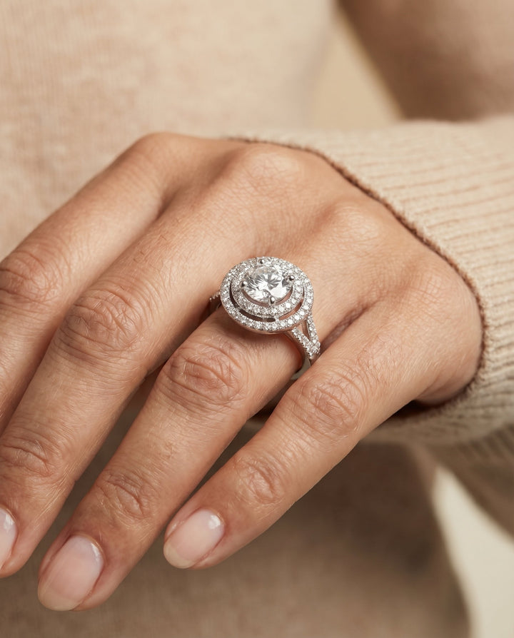 Round Brilliant, Double Halo Split Shank Pavé, in Platinum, pave setting – lifestyle shot | RockHer