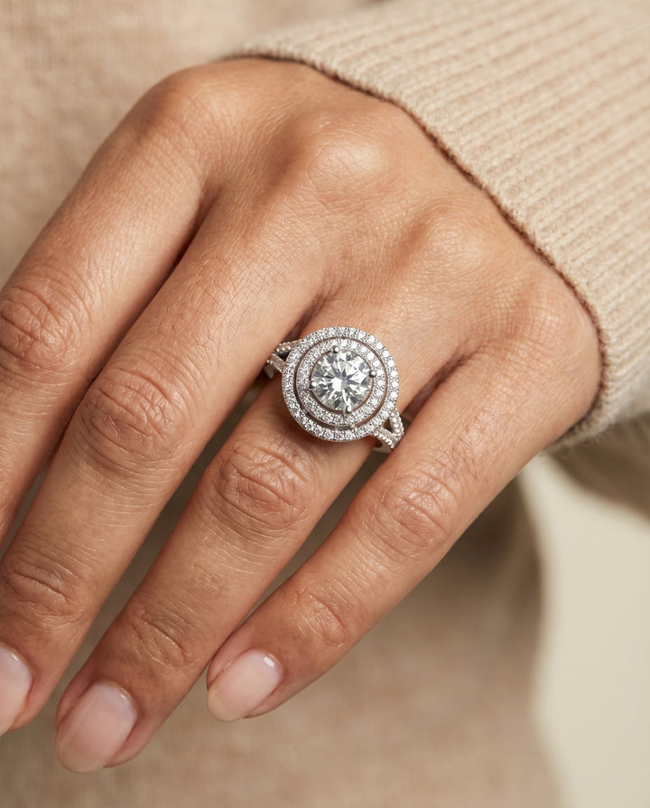 Round Brilliant, Double Halo Split Shank Pavé, in Platinum, pave setting – lifestyle shot | RockHer