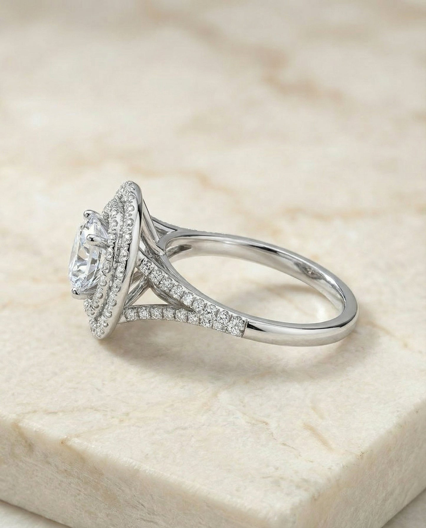 Round Brilliant, Double Halo Split Shank Pavé, in Platinum, pave setting – side profile | RockHer