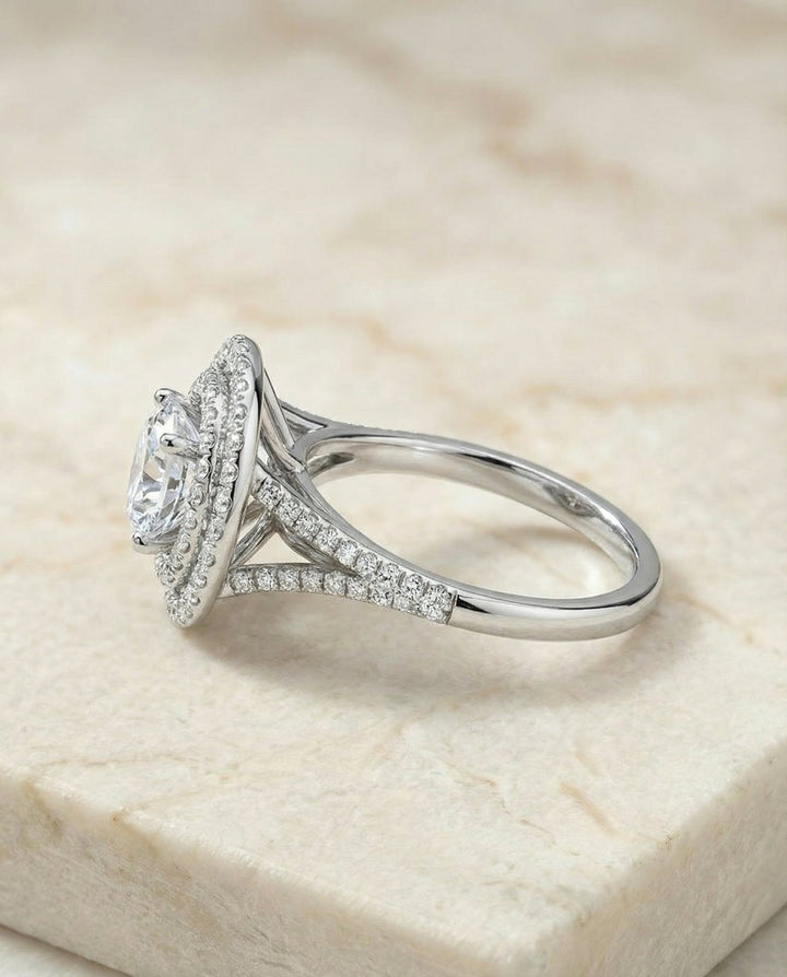 Round Brilliant, Double Halo Split Shank Pavé, in Platinum, pave setting – side profile | RockHer