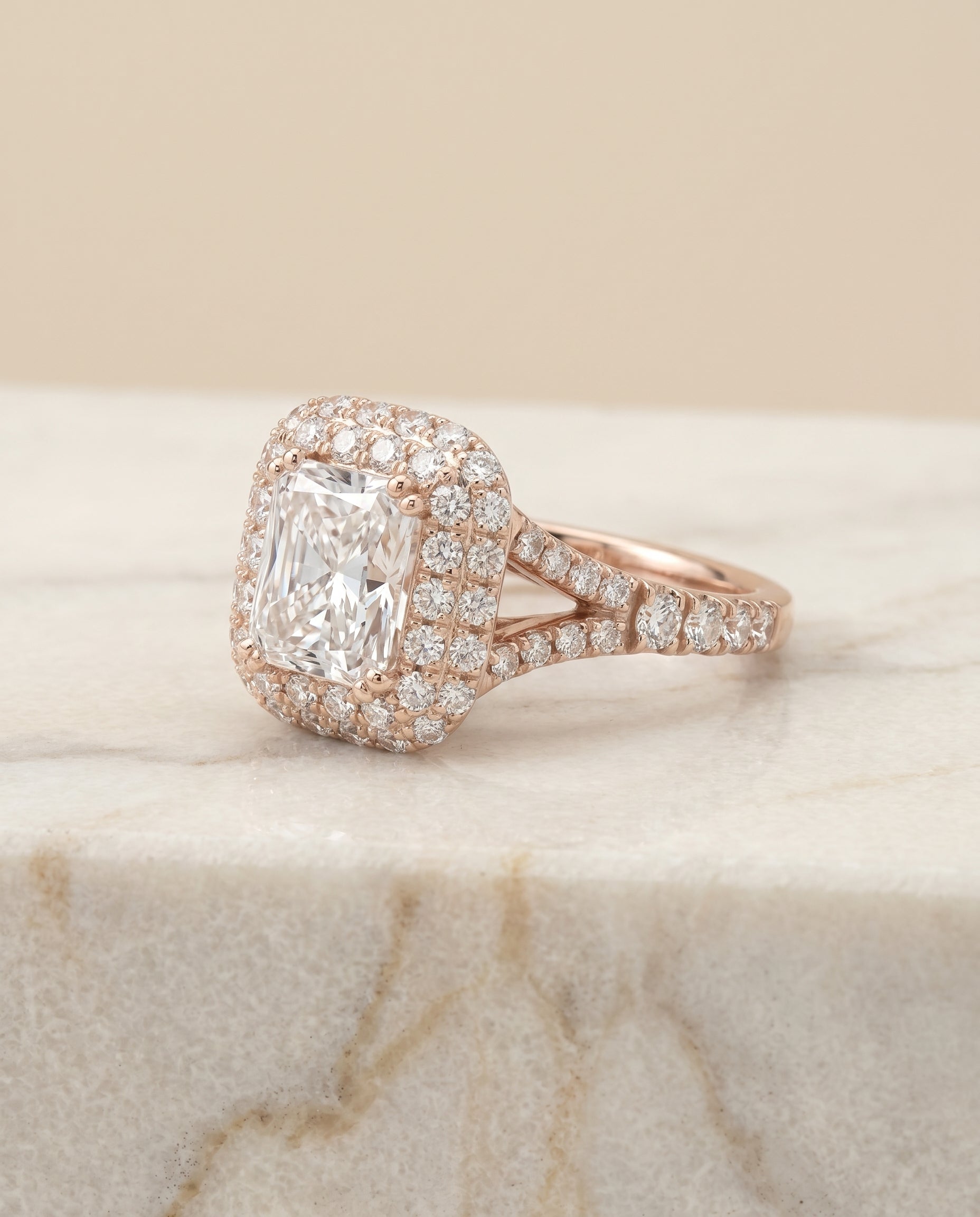 Betty Select Double Halo Split Shank Radiant in 14K Rose Gold – view 1