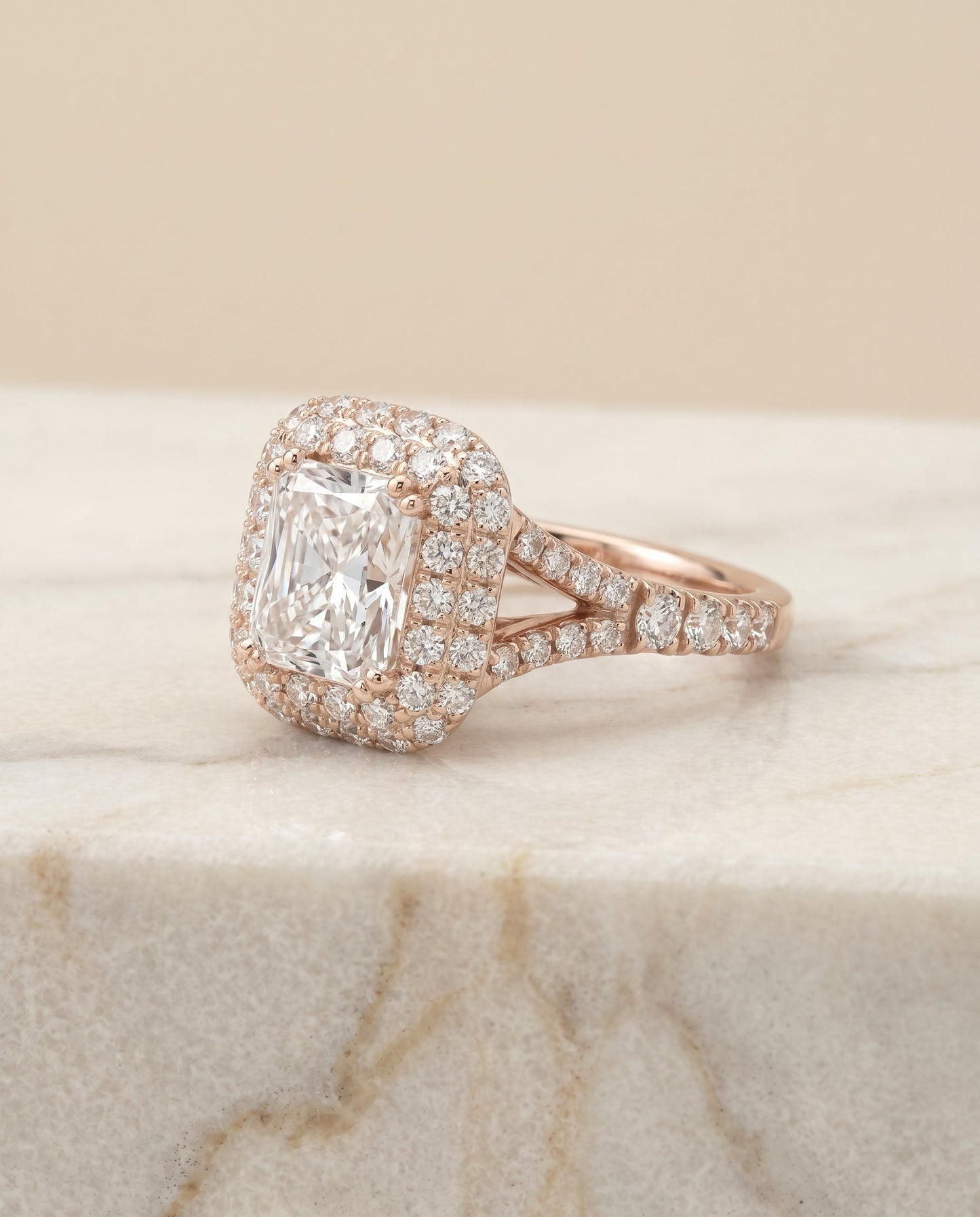 Betty Select Double Halo Split Shank Radiant in 14K Rose Gold – view 1