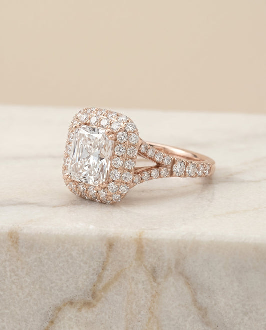 Betty Select Double Halo Split Shank Radiant in 14K Rose Gold – view 1