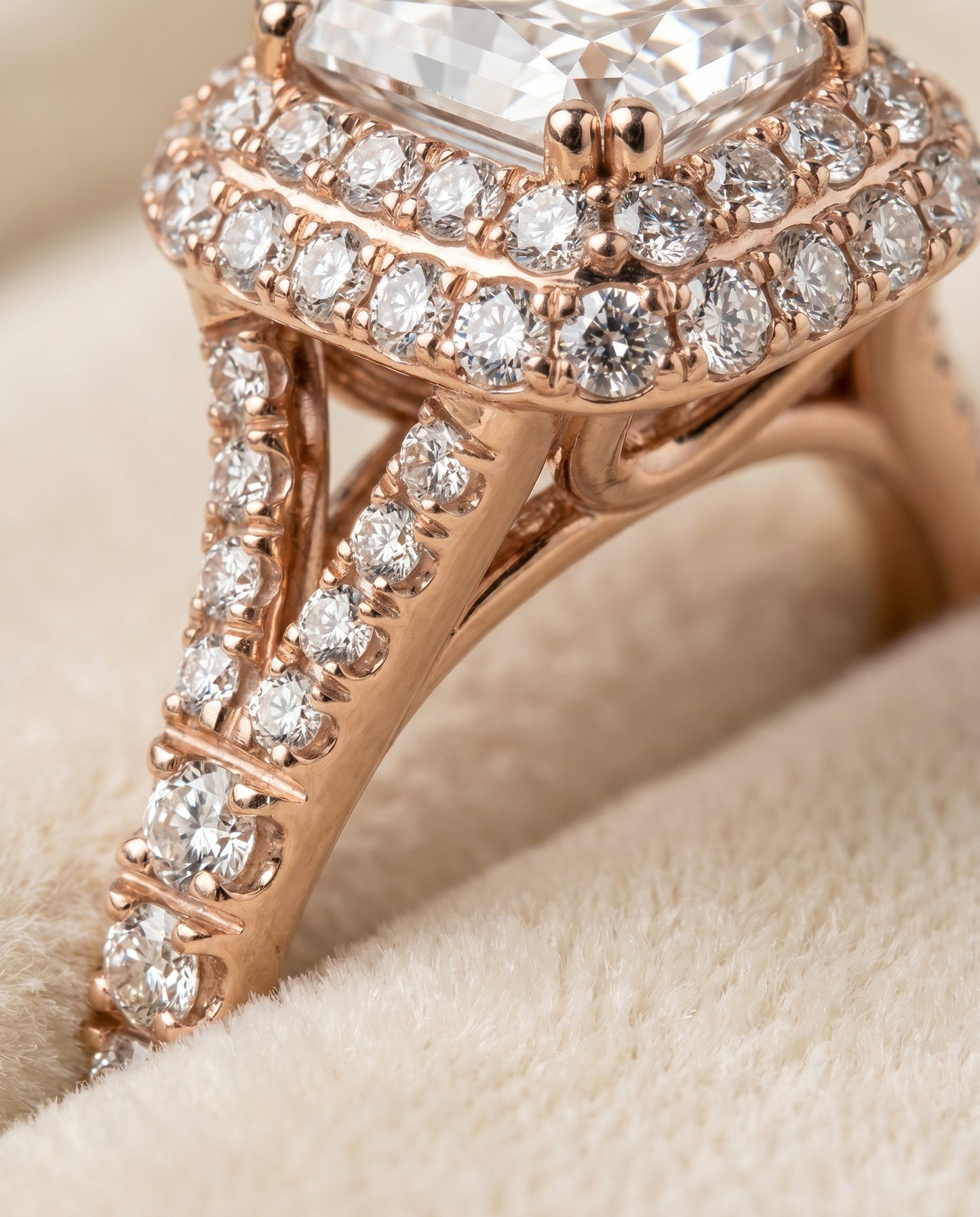Betty Select Double Halo Split Shank Radiant in 14K Rose Gold – view 4