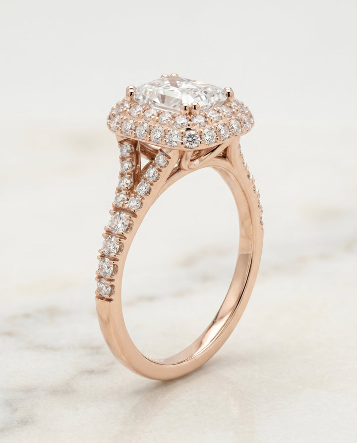Betty Select Double Halo Split Shank Radiant in 14K Rose Gold – view 2