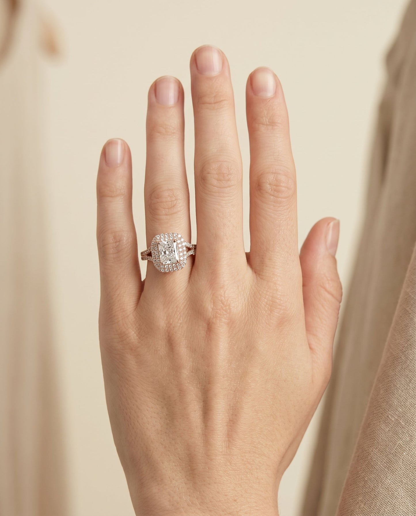 Betty Select Double Halo Split Shank Radiant in 14K Rose Gold – view 5