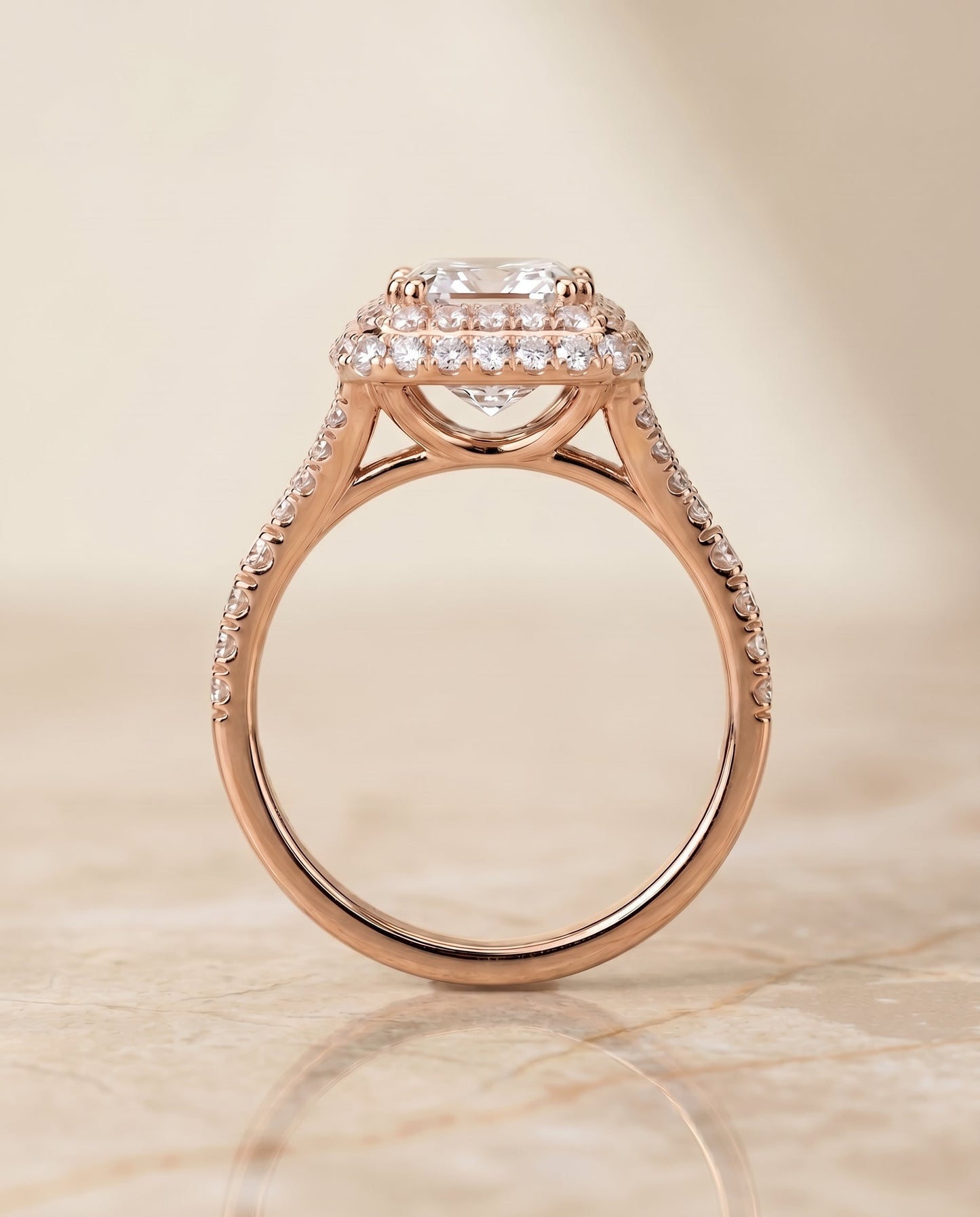 Betty Select Double Halo Split Shank Radiant in 14K Rose Gold – view 6