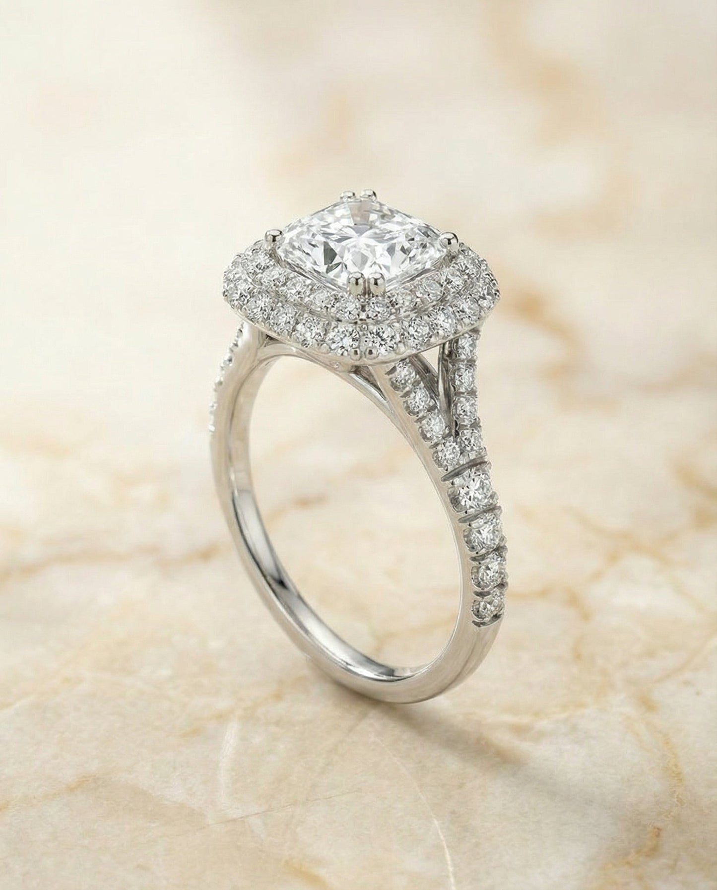 Double Halo Split Shank Radiant, in Platinum, prong setting – angled view | RockHer
