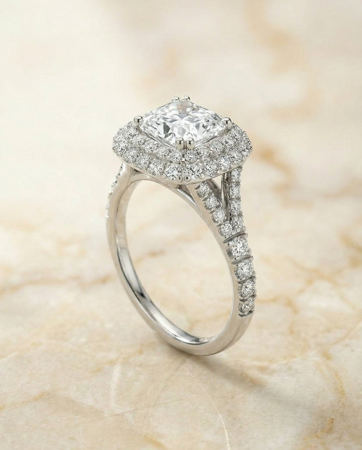 Double Halo Split Shank Radiant, in Platinum, prong setting – angled view | RockHer