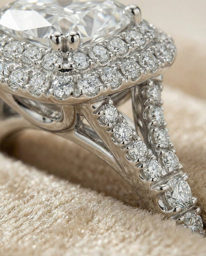 Double Halo Split Shank Radiant, in Platinum, prong setting – detail view | RockHer