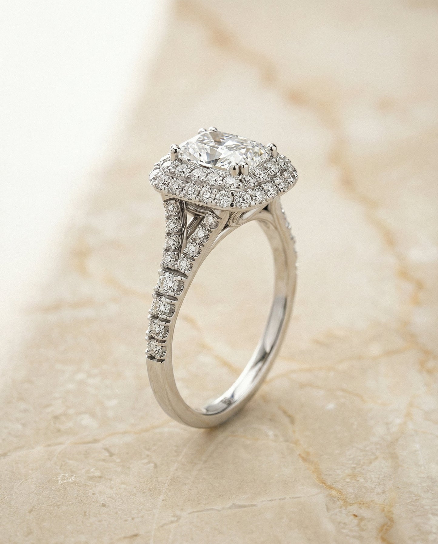 Double Halo Split Shank Radiant, in Platinum, prong setting – front view | RockHer
