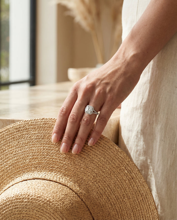 Double Halo Split Shank Radiant, in Platinum, prong setting – lifestyle shot | RockHer