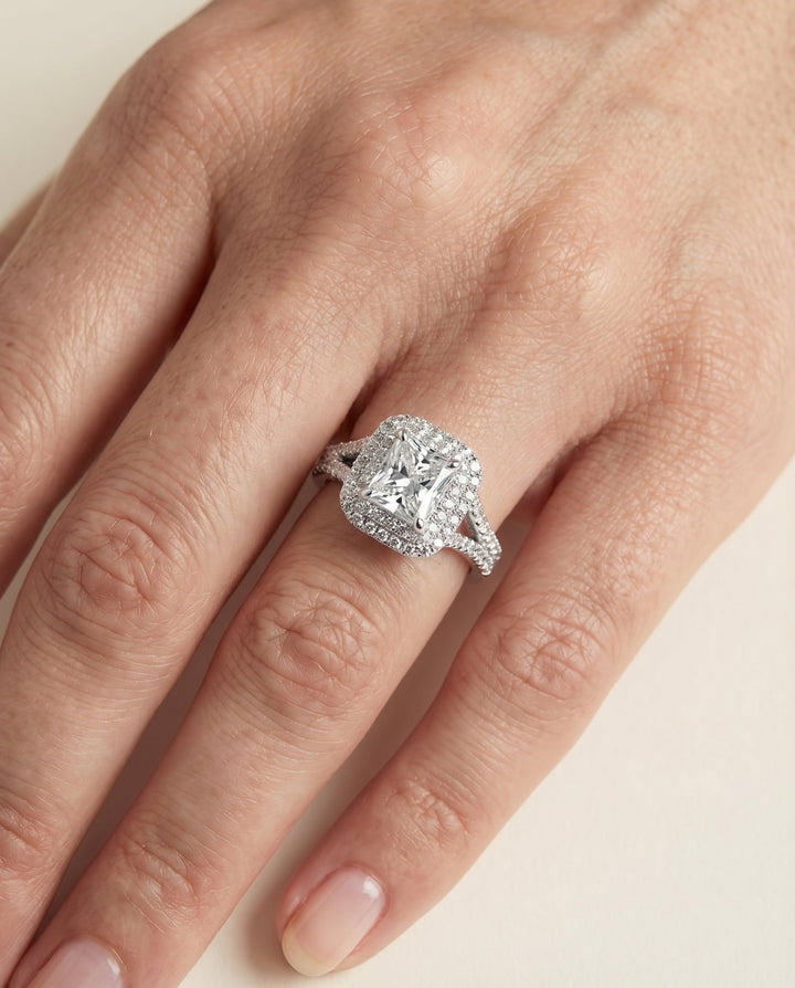 Double Halo Split Shank Radiant, in Platinum, prong setting – lifestyle shot | RockHer