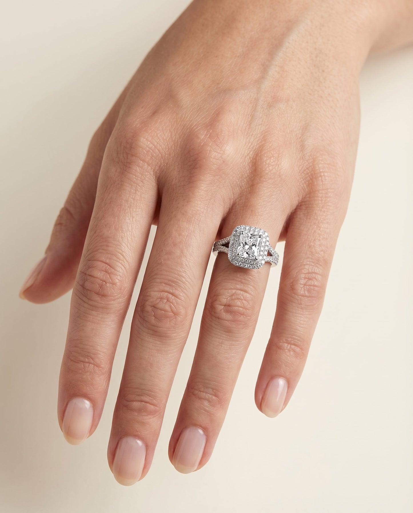 Double Halo Split Shank Radiant, in Platinum, prong setting – lifestyle shot | RockHer