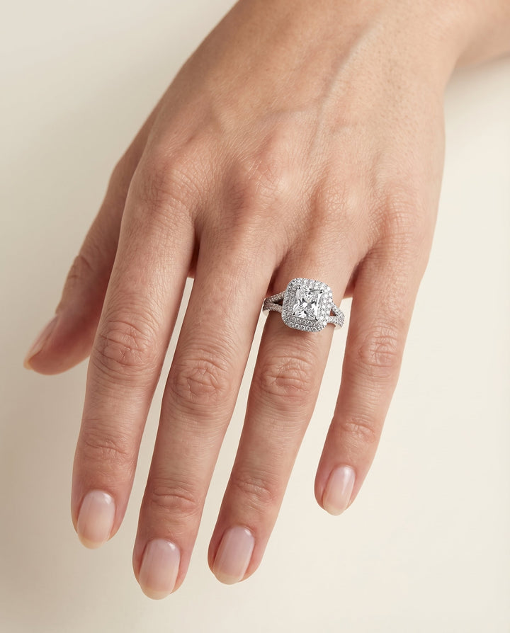 Double Halo Split Shank Radiant, in Platinum, prong setting – lifestyle shot | RockHer