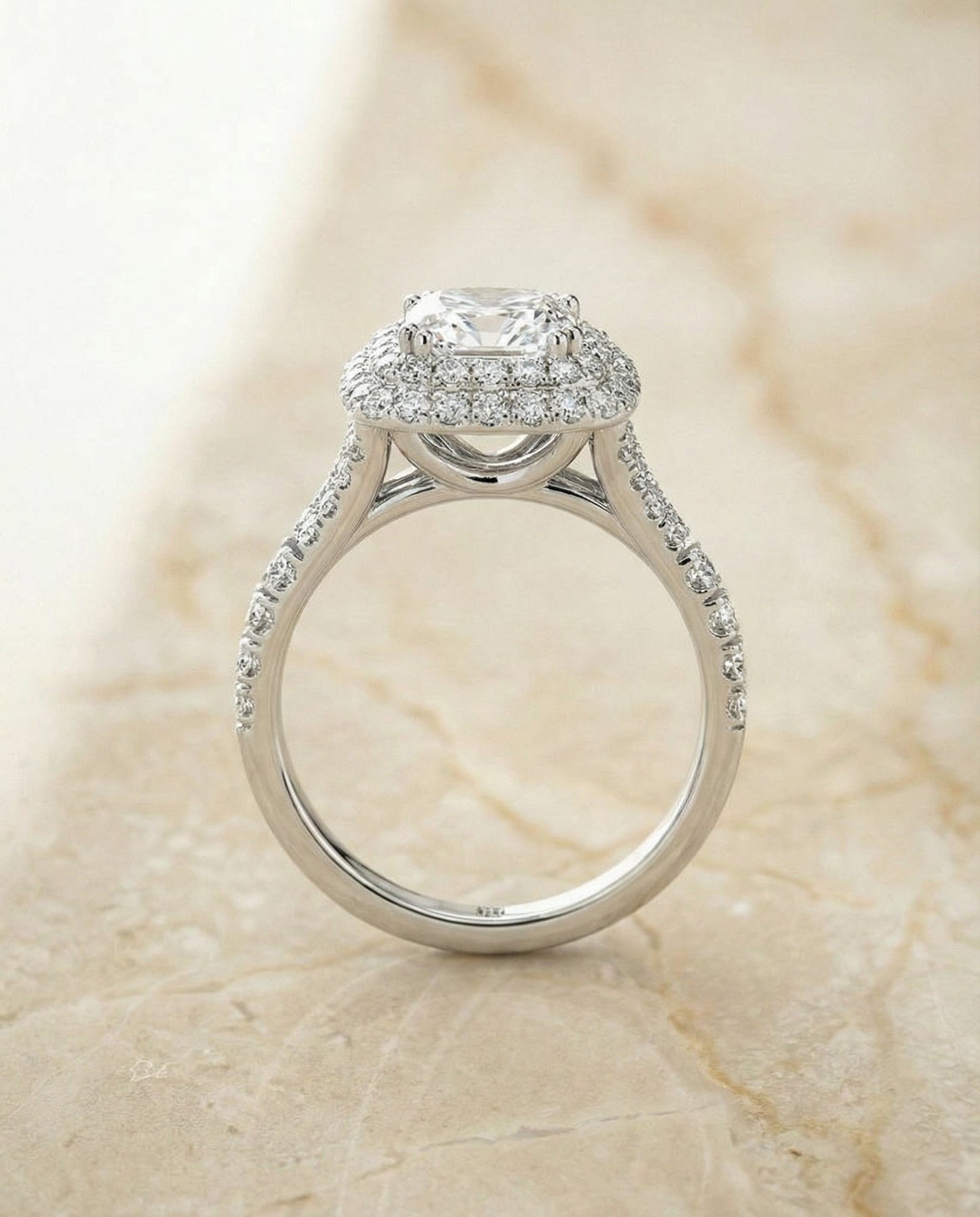 Double Halo Split Shank Radiant, in Platinum, prong setting – side profile | RockHer
