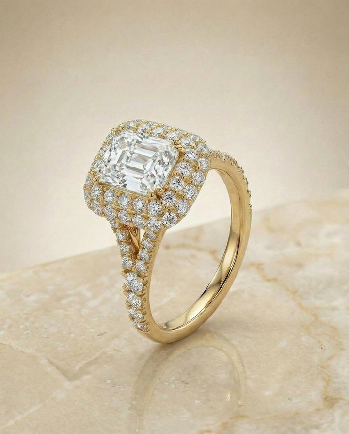 Double Halo Split Shank Radiant, in 18K Yellow Gold, prong setting – angled view | RockHer