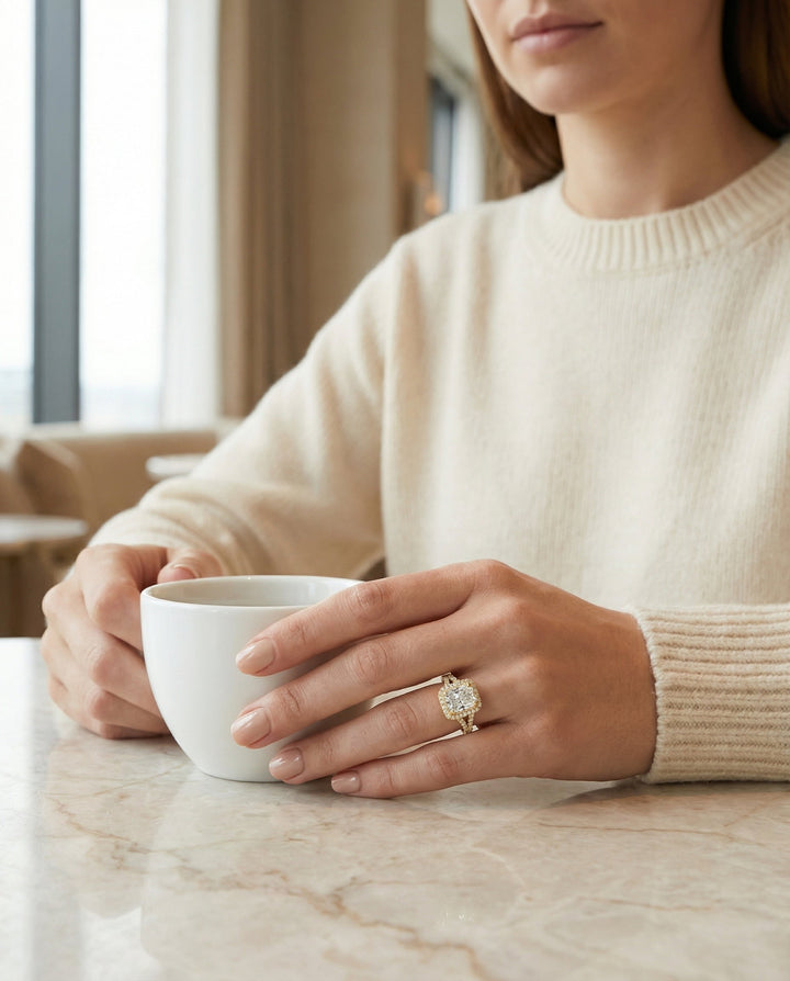 Double Halo Split Shank Radiant, in 18K Yellow Gold, prong setting – lifestyle shot | RockHer