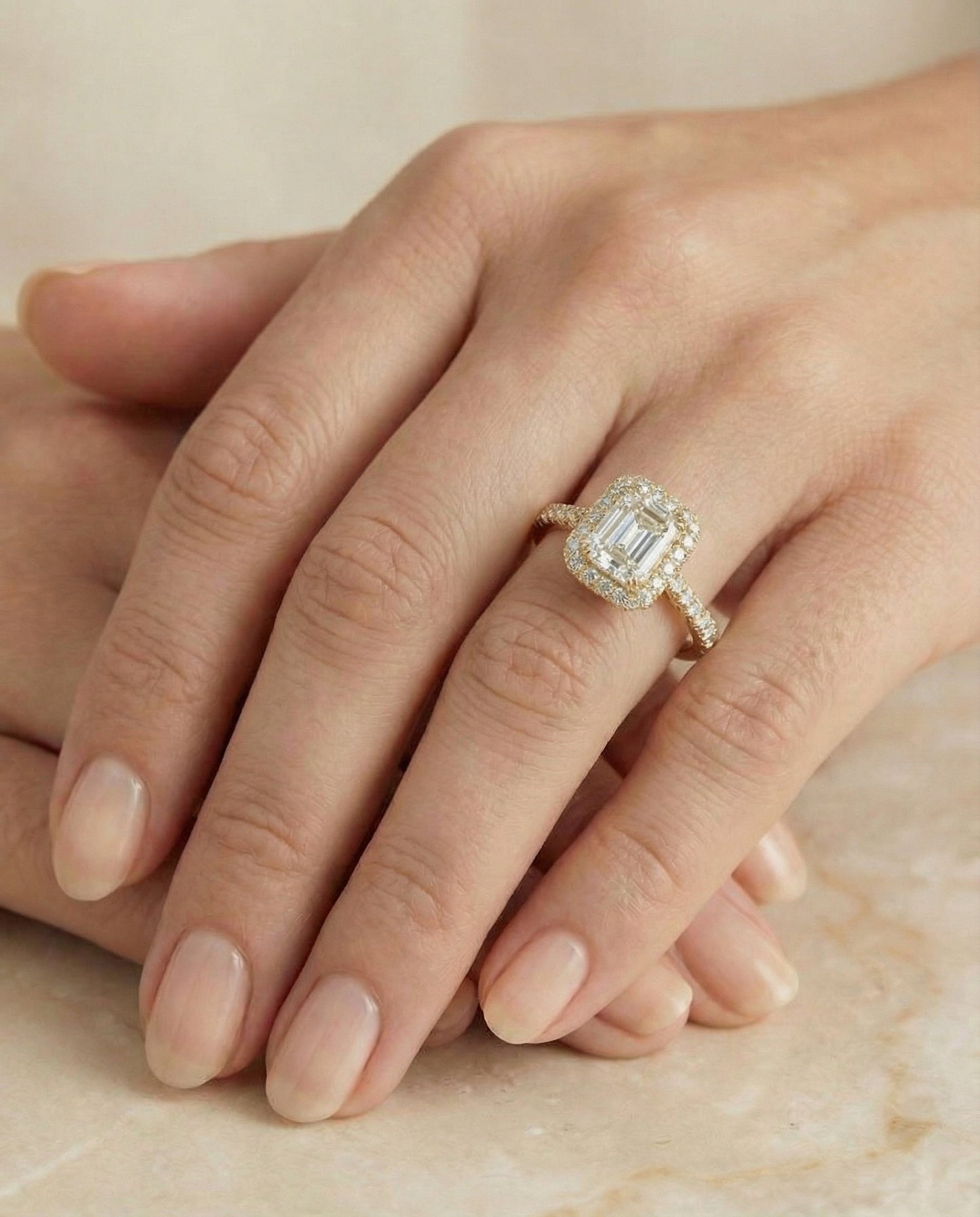 Double Halo Split Shank Radiant, in 18K Yellow Gold, prong setting – lifestyle shot | RockHer