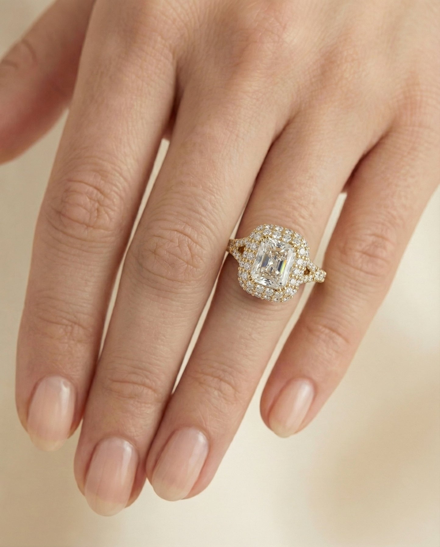 Double Halo Split Shank Radiant, in 18K Yellow Gold, prong setting – lifestyle shot | RockHer