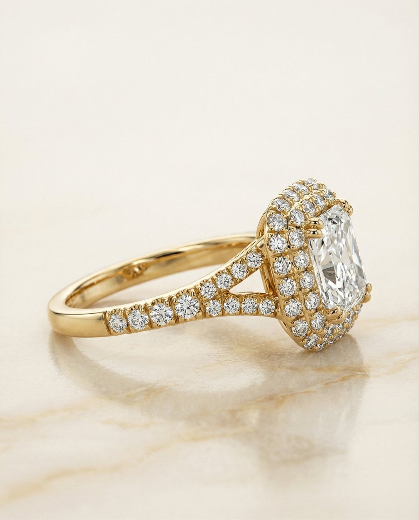 Double Halo Split Shank Radiant, in 18K Yellow Gold, prong setting – side profile | RockHer