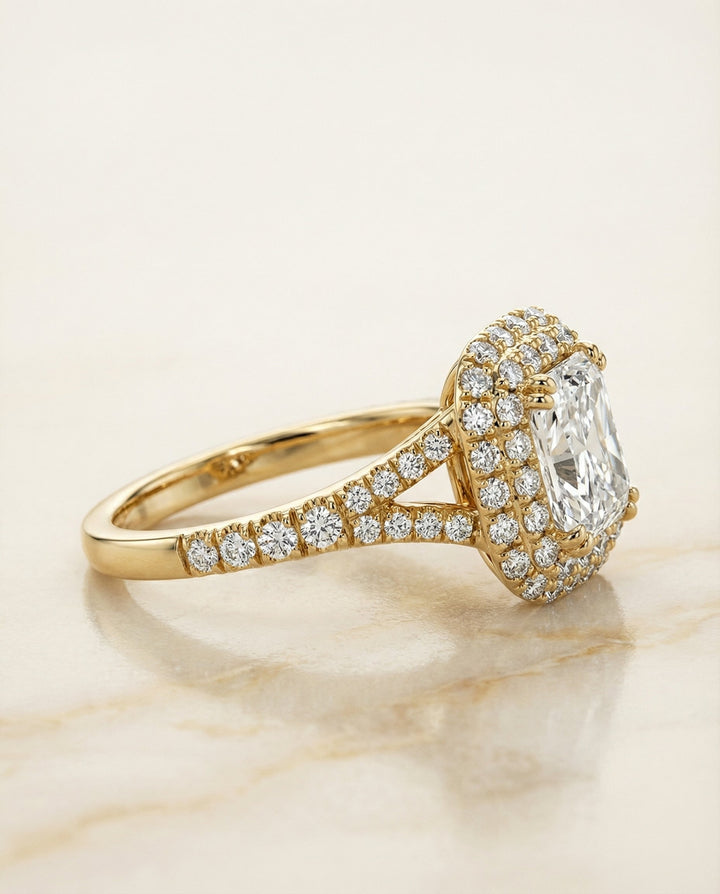 Double Halo Split Shank Radiant, in 18K Yellow Gold, prong setting – side profile | RockHer