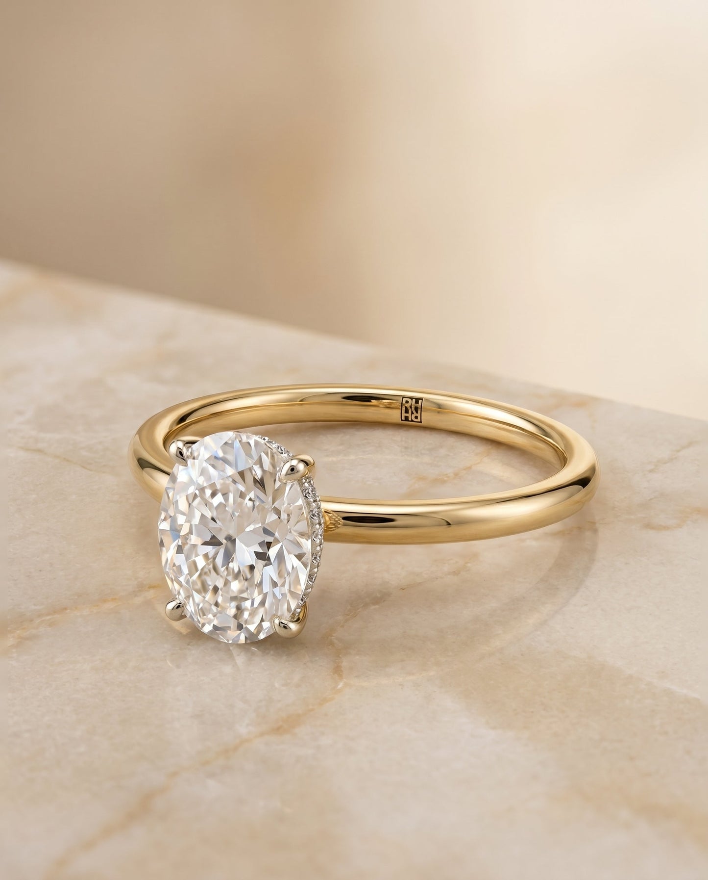 The Dolly Hidden Halo Solitaire Engagement Ring Setting for Oval Diamonds in 18K Yellow Gold | RockHer