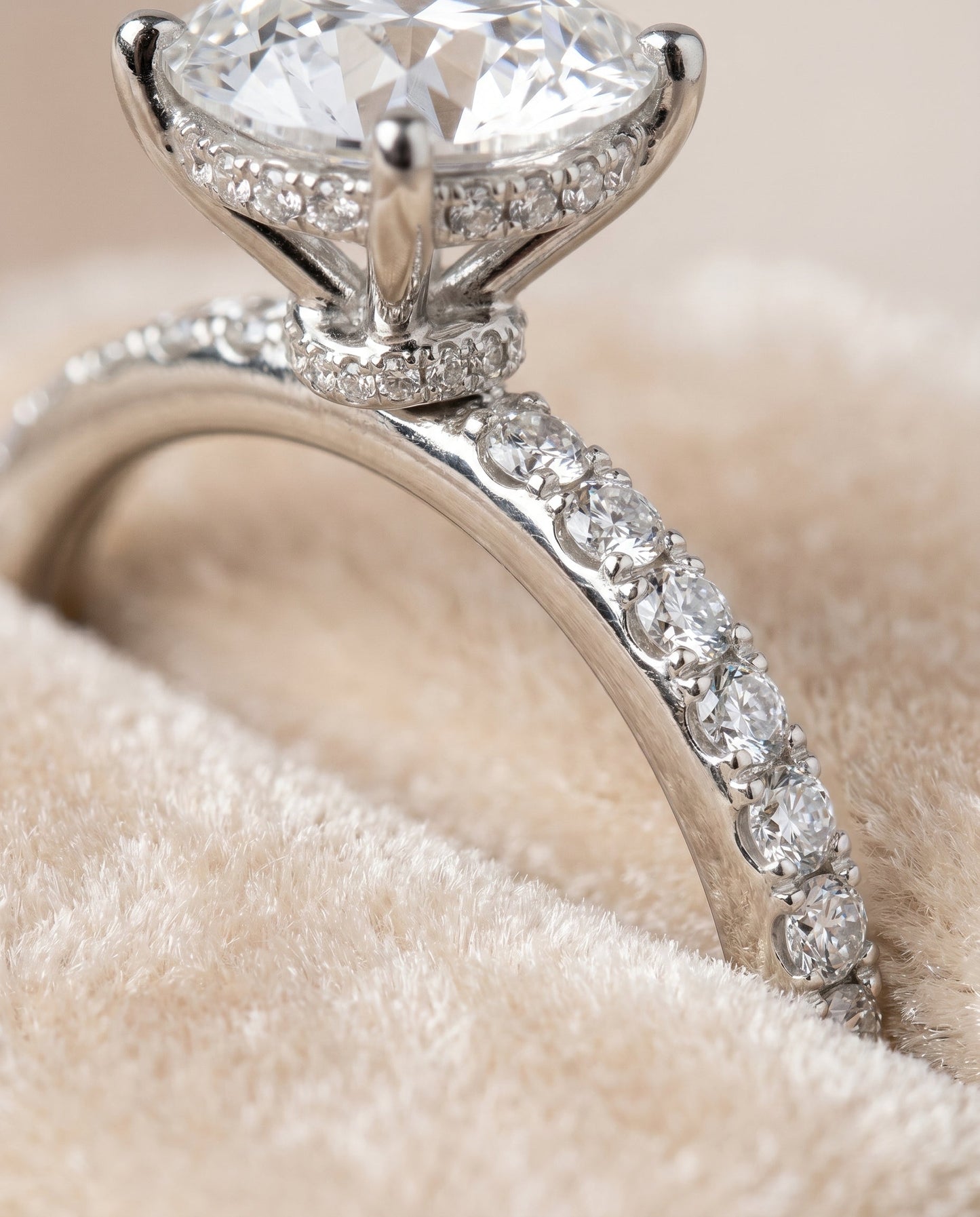ตัวเรือนแหวนหมั้นประดับเพชร Abbey Hidden Halo แบบ Solitaire สำหรับเพชรทรงกลมในทองคำขาว 18K