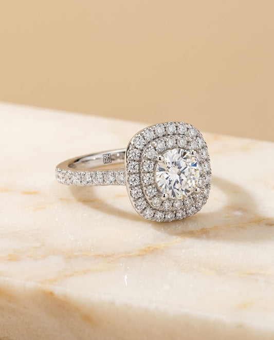 Whitney Select Double Pave Halo Linear Band Cushion in 14K White Gold – view 1