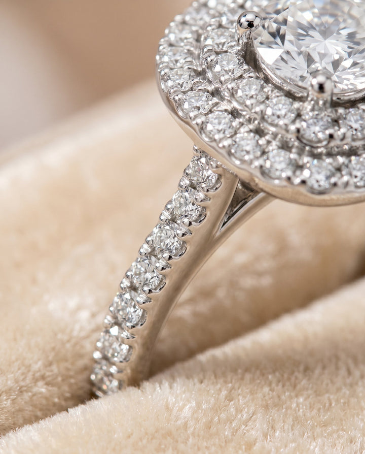 Double Pavé Halo Linear Band Cushion, in Platinum, pave setting – detail view | RockHer