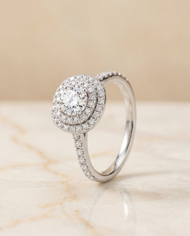 Double Pavé Halo Linear Band Cushion, in Platinum, pave setting – front view | RockHer