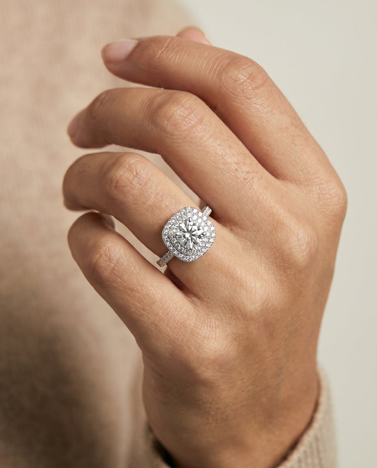 Double Pavé Halo Linear Band Cushion, in Platinum, pave setting – lifestyle shot | RockHer