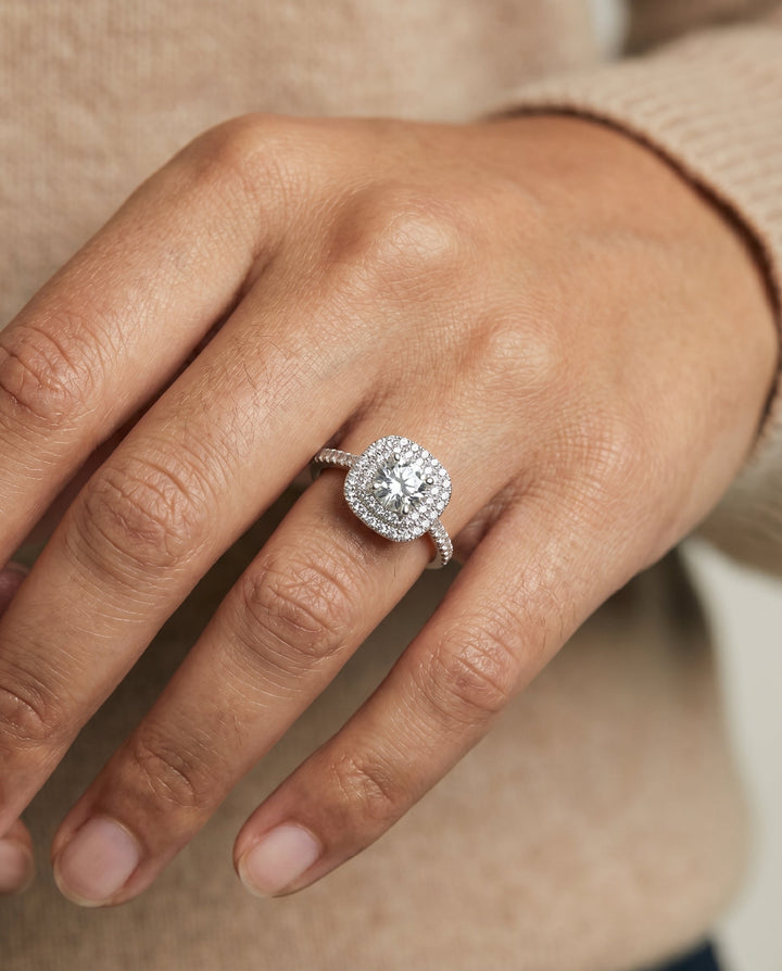 Double Pavé Halo Linear Band Cushion, in Platinum, pave setting – lifestyle shot | RockHer